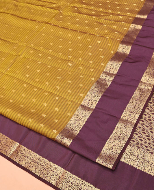 Mustard Vasundhara Lite Silk Mix Saree, Entralled with Zari Buttas and Stripes On Its Body, Complemented by Contrast Border of Manga Designs, Ogee Patterned Pallu and Paired with a Contrast Blouse