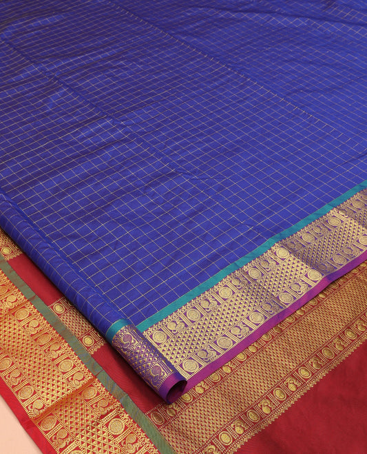 Blue Checked Art-Silk Nine Yard Saree, a Contrast Zari Border of Mayil-Chakram and Ara Maadam Designs, Pallu of Traditional Designs, and No Blouse