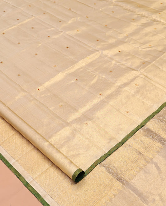 Borderless Gold Kanchipuram Designer Silk Saree, Finely Crafted with Meena Zari Buttas, Zari Pallu of Diagonal Stripes and Singam Designs, and a Matching Blouse