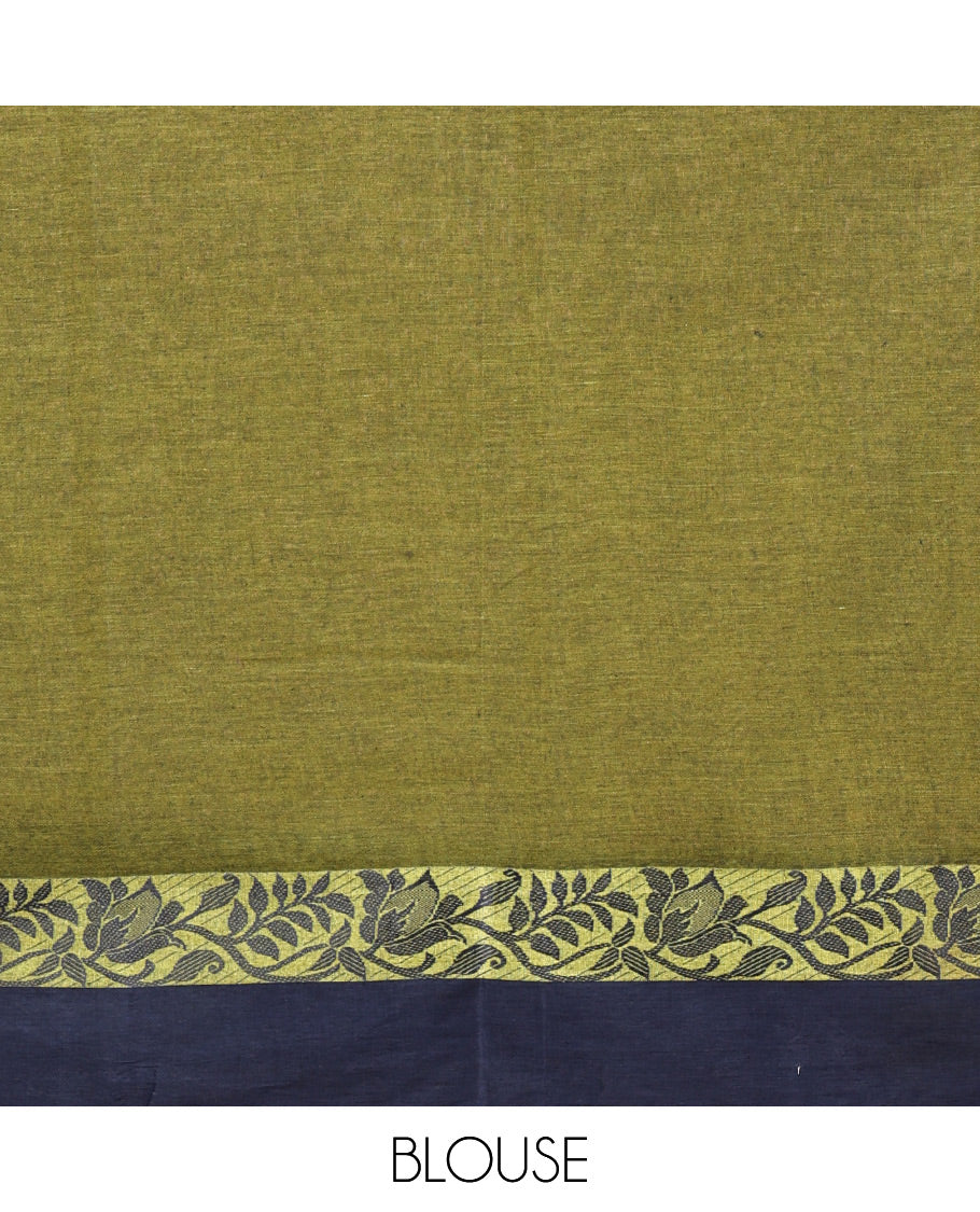 Green Bengal Cotton Saree, Sparsely Woven with Buttas on Its Body, Complemented by a Contrast Floral Creeper Design Border, Pallu of Stripes and Buttas, and Paired with a Matching Blouse