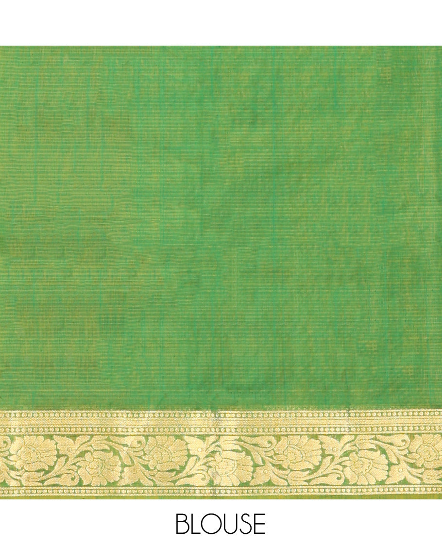 Green Silk Cotton Saree, Delicately Woven with Zari Buttas, a Contrast Floral Creeper Border, Floral Pallu, and a Contrast Blouse