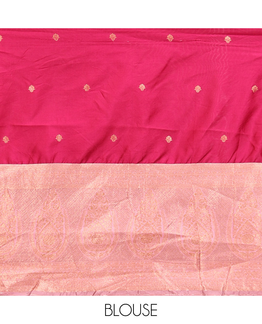Red Art Silk Half Saree Features Buttas Skirt, Complemented by Contrast Traditional Border, Matching Blouse, and a Plain Zari-Bordered Dhavani