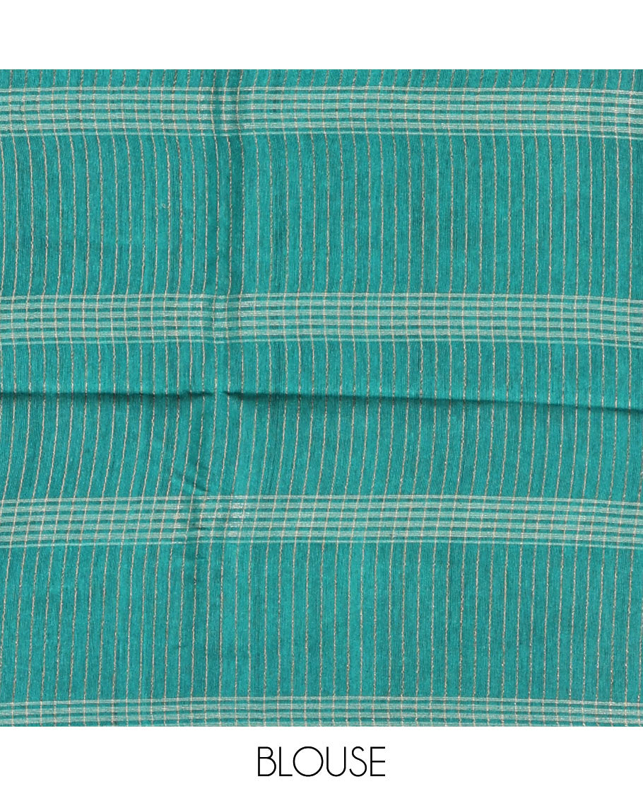 Borderless Green Tussar Silk Saree, Detailed with Stripes, a Striped Pallu, and a Matching Blouse