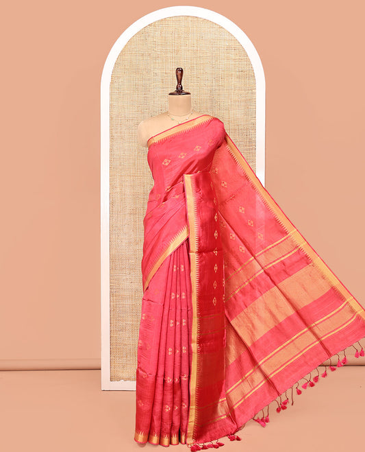 Red Banana Pith Saree, Detailed with Diamond Buttas on Its Body, Subtle Temple Border, Pallu Steeped with Zari Stripes, and Paired with a Matching Blouse