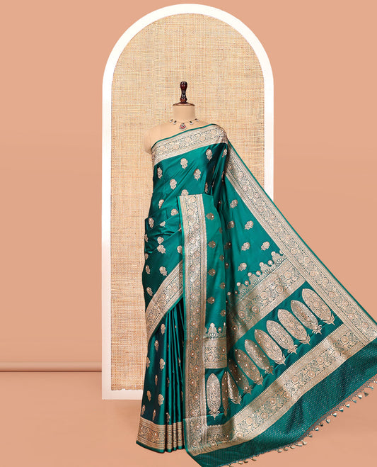Green Banarasi Satin Saree, Bedecked with Floral Buttas, a Floral Creeper Border, Intricate Stonework Pallu, and a Matching Blouse