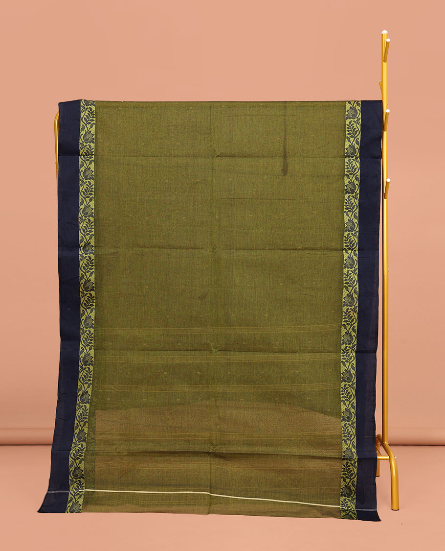 Green Bengal Cotton Saree, Sparsely Woven with Buttas on Its Body, Complemented by a Contrast Floral Creeper Design Border, Pallu of Stripes and Buttas, and Paired with a Matching Blouse