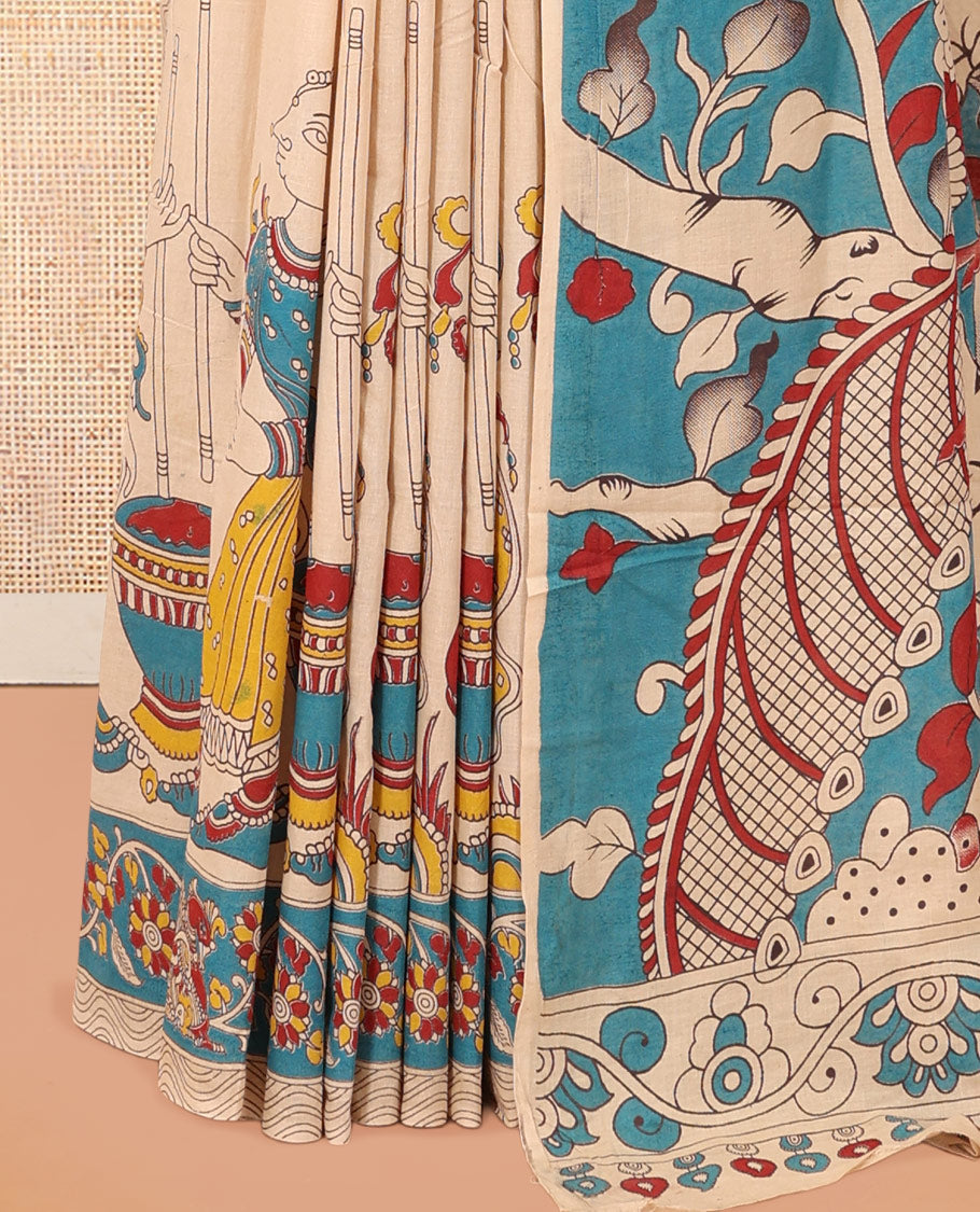 Sandal Kalamkari Cotton Saree, Accentuated with Ancient Human Motif Print, Contrast Printed Border, Kalamkari Animal Motifs Pallu, and a Contrast Blouse