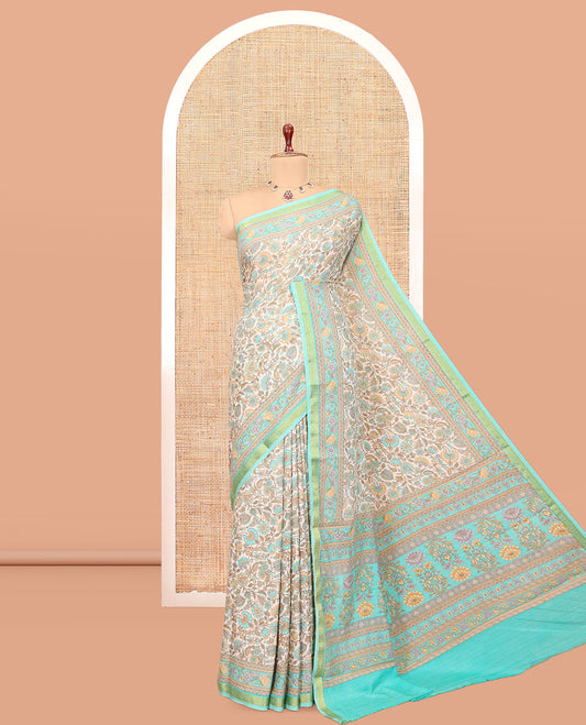 Off-White Base Printed Silk Saree, Enthralled with Floral Vine Print, a Contrast Floral Printed Zari Border, Floral Printed Pallu, and a Contrast Blouse