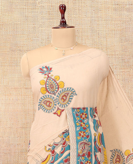 Sandal Kalamkari Cotton Saree, Accentuated with Ancient Human Motif Print, Contrast Printed Border, Kalamkari Animal Motifs Pallu, and a Contrast Blouse