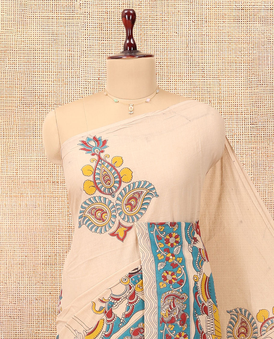 Sandal Kalamkari Cotton Saree, Accentuated with Ancient Human Motif Print, Contrast Printed Border, Kalamkari Animal Motifs Pallu, and a Contrast Blouse