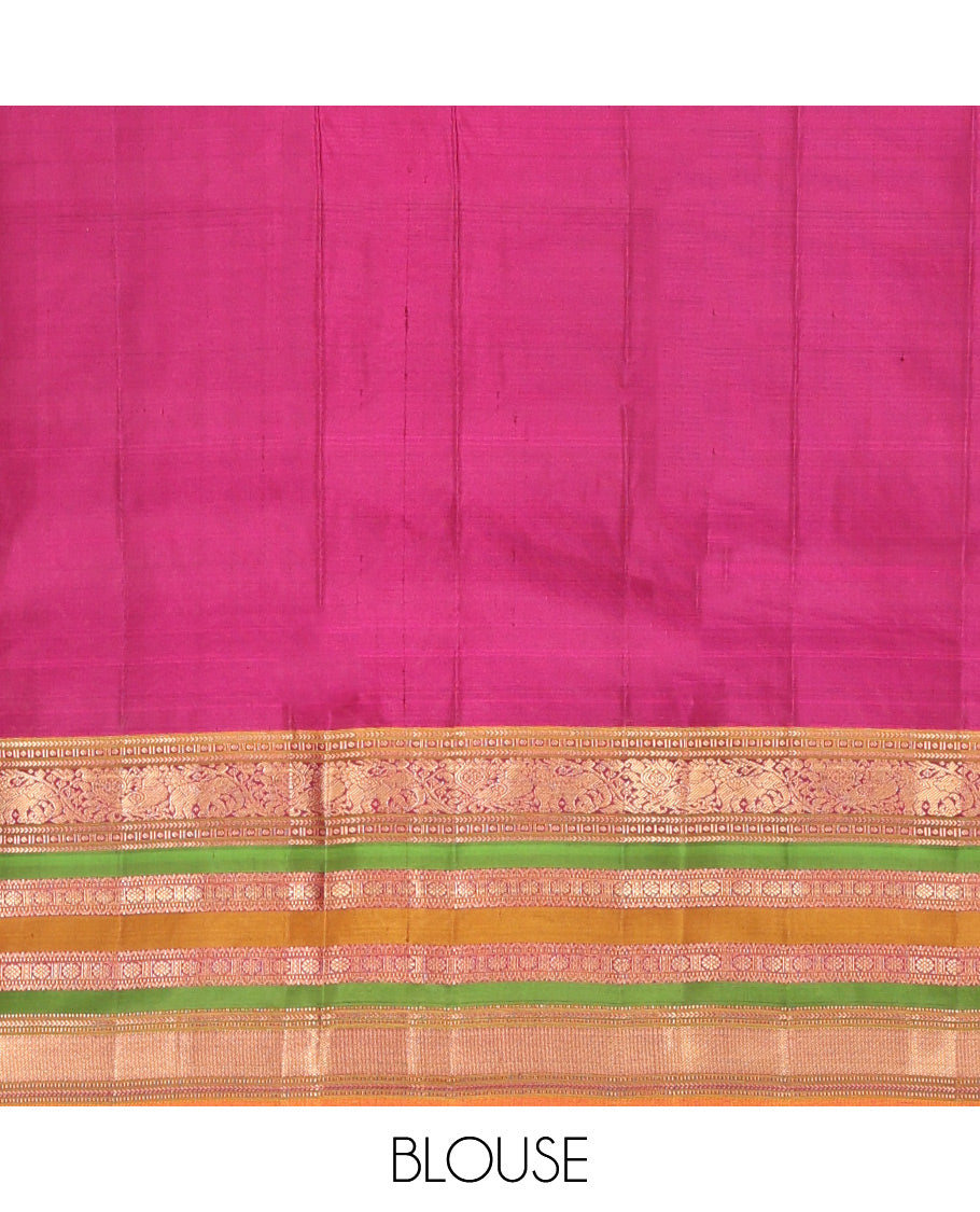 Brown Vasundhara Silk Saree, Delicately Woven with Mayil-Chakram Buttas, a Contrast Border of Kathir, Mayil, Yaanai, Muthu, Neli, and Laddu Kamalam Designs, a Grand Pallu, and a Contrast Blouse
