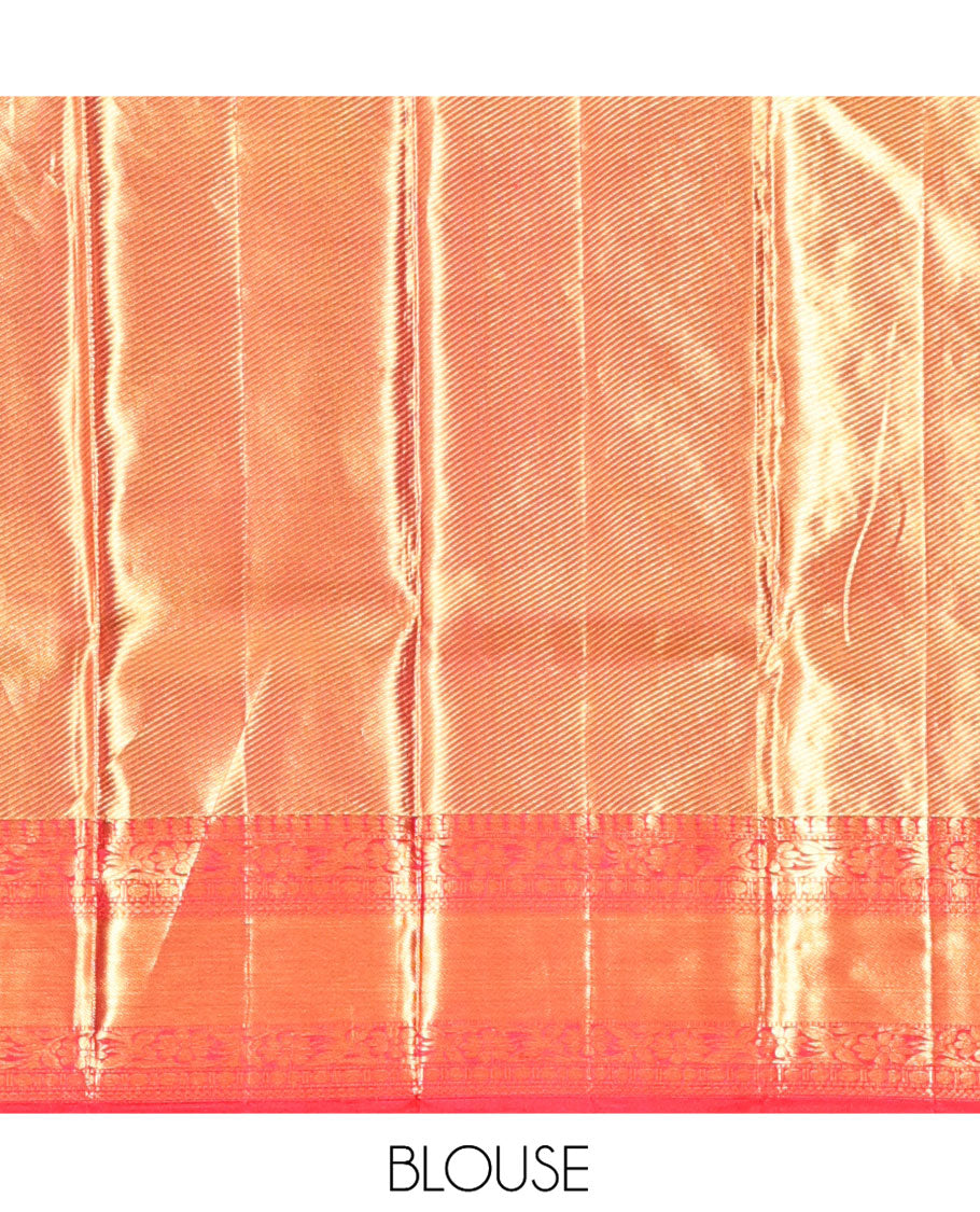 Pink Kanchipuram Tissue Silk Saree, Woven with Jacquard, a Zari Border of Manga, Kodi Visiry, and Rudraksham, Jaal Pallu, and Contrast Blouse