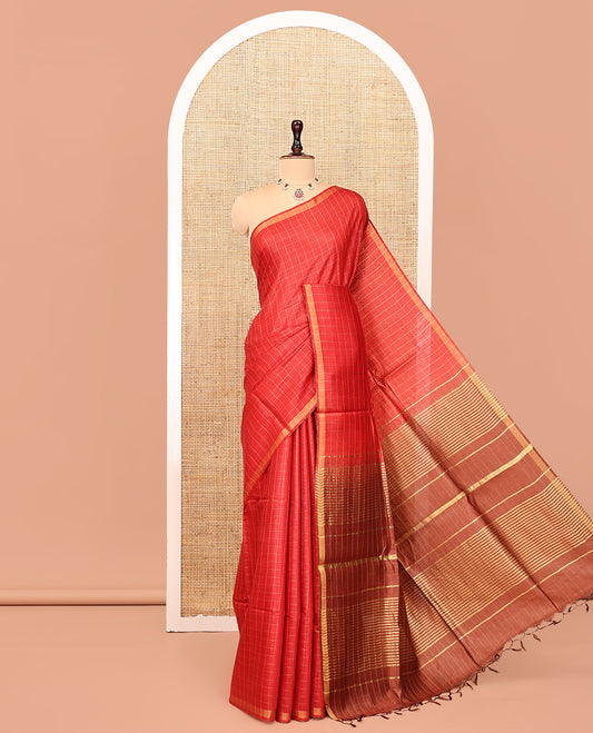 Red Checked Tussar Silk Saree, a Piping Border, Contrast Zari Striped Pallu, and Contrast Blouse
