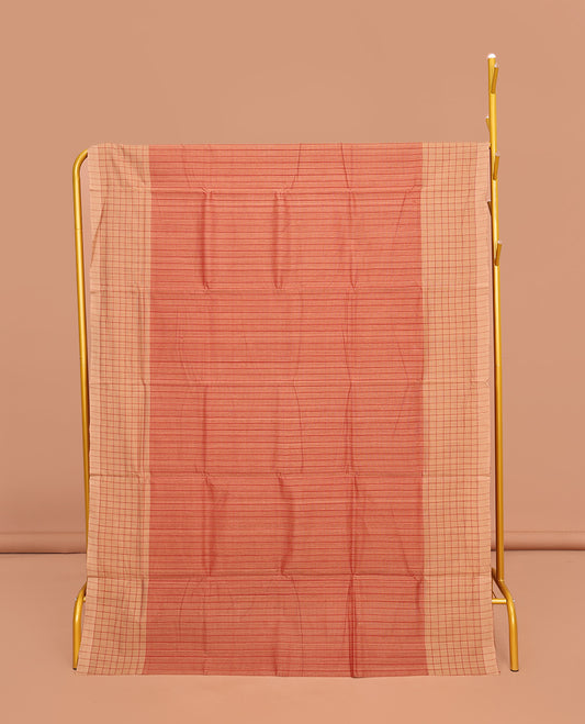 Light Orange Striped Mangalgiri Cotton Saree, Complemented by Contrast Checked Border, Contrast Pallu and Paired with a Contrast Blouse