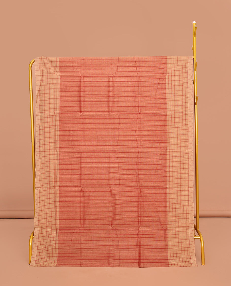 Light Orange Striped Mangalgiri Cotton Saree, Complemented by Contrast Checked Border, Contrast Pallu and Paired with a Contrast Blouse