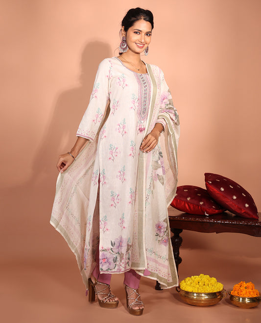 White-Base Cotton Readymade Suit