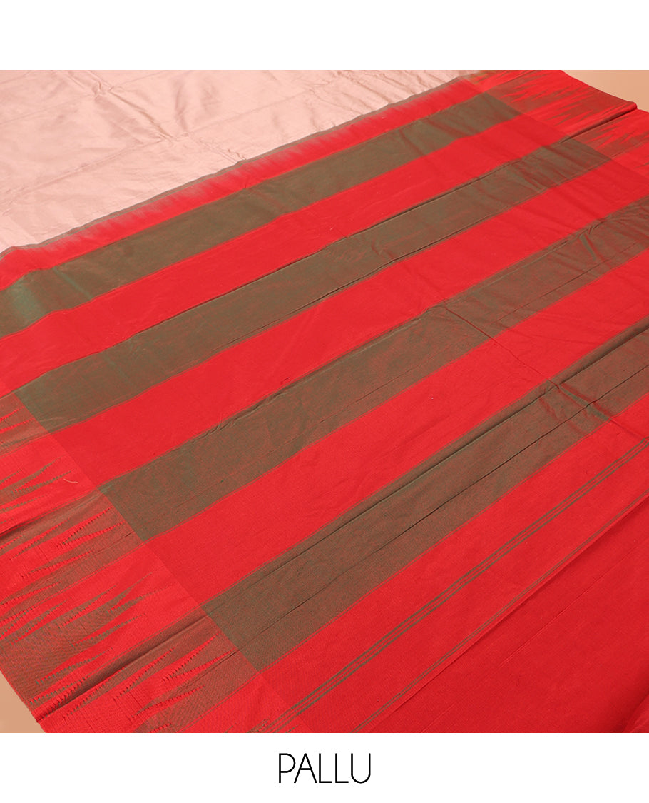 Light Sandal Plain Bangalore Silk Saree, Complemented by a Contrast Temple Border, Striped Pallu, and a Contrast Blouse