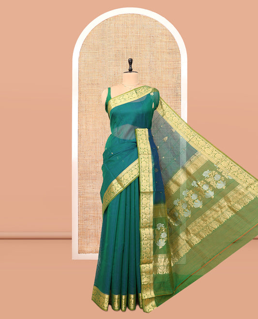 Green Silk Cotton Saree, Delicately Woven with Zari Buttas, a Contrast Floral Creeper Border, Floral Pallu, and a Contrast Blouse