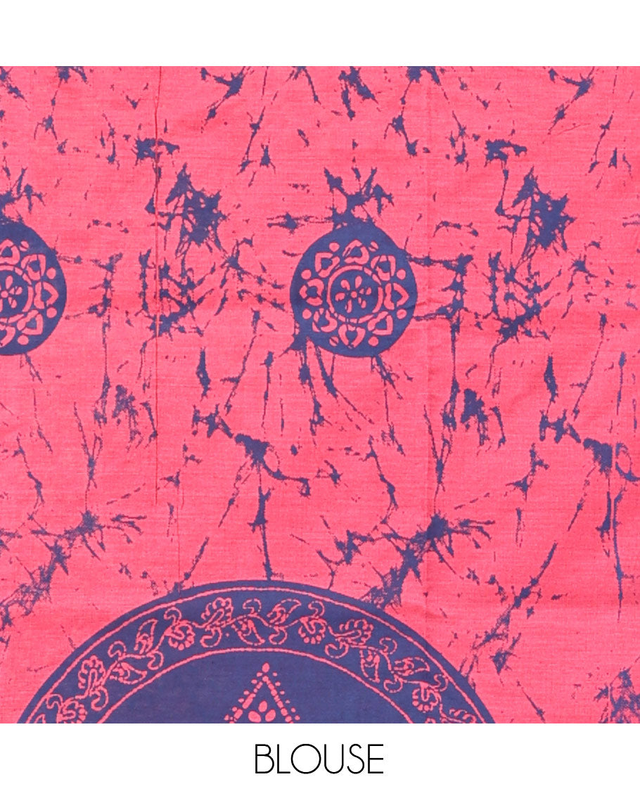 Borderless Pink-Blue Poly Cotton Saree, Decked Up with Batik Print, a Self-Printed Pallu, and a Matching Blouse