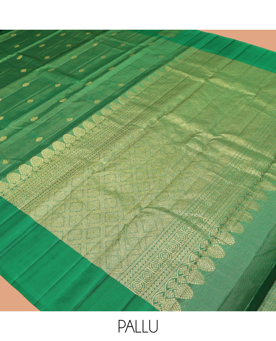 Green Kanchipuram Silk Saree, Woven with Zari Buttas and Stripes, Highlighted by a Zari Border of Floral Designs, Grand Jaal Pallu, and a Matching Blouse