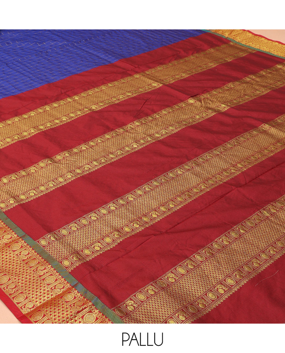 Blue Checked Art-Silk Nine Yard Saree, a Contrast Zari Border of Mayil-Chakram and Ara Maadam Designs, Pallu of Traditional Designs, and No Blouse