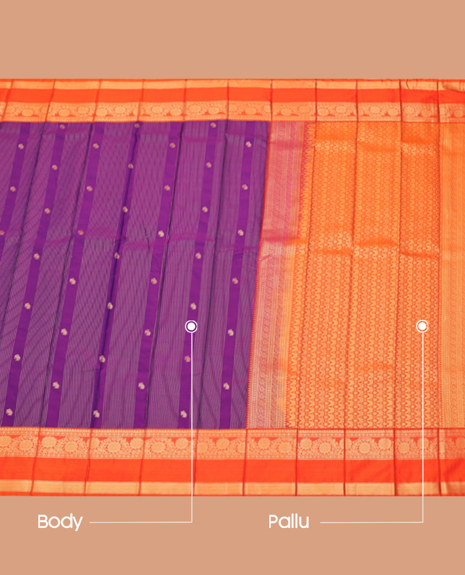 Violet Budget Silk Saree, Detailed with Zari Butta and Stripes, Contrast Traditional Zari Rettai Pettu Border, Intricately Designed Pallu, and a Contrast Blouse