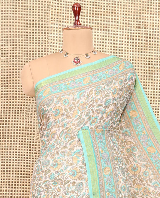 Off-White Base Printed Silk Saree, Enthralled with Floral Vine Print, a Contrast Floral Printed Zari Border, Floral Printed Pallu, and a Contrast Blouse