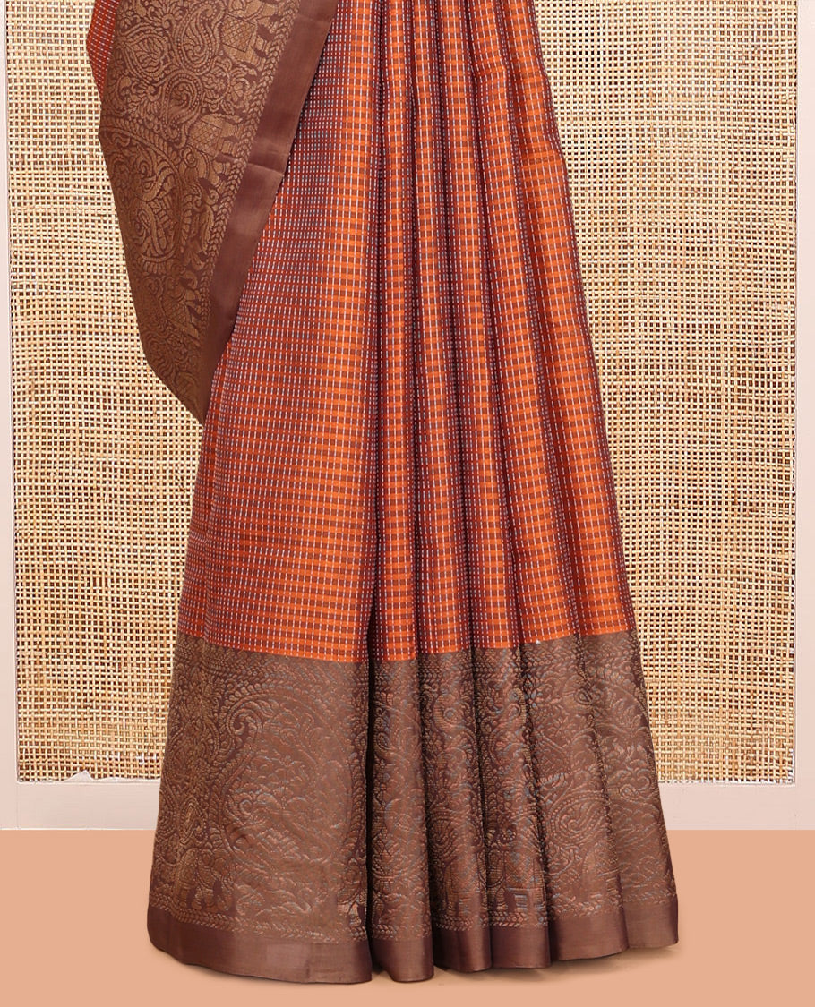 Orange Mayuri Lite Silk Mix Saree, Beautifully Bedecked with Checked Design, Contrast Traditional Zari Border, Jaal Pallu, and a Contrast Blouse