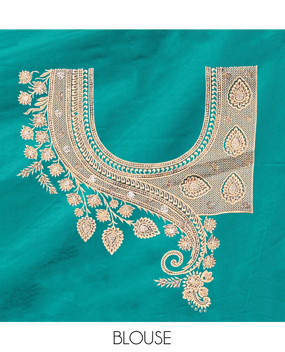 Green Banarasi Satin Saree, Bedecked with Floral Buttas, a Floral Creeper Border, Intricate Stonework Pallu, and a Matching Blouse