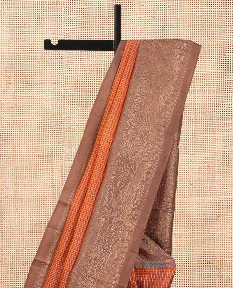 Orange Mayuri Lite Silk Mix Saree, Beautifully Bedecked with Checked Design, Contrast Traditional Zari Border, Jaal Pallu, and a Contrast Blouse