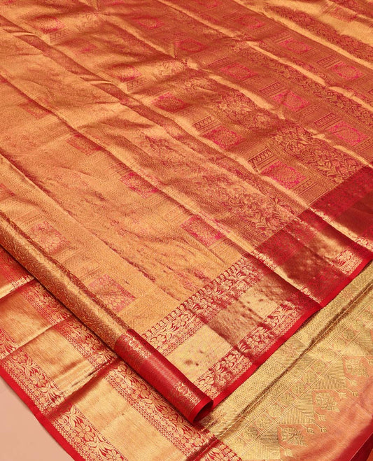 Pink Kanchipuram Tissue Silk Saree, Woven with Jacquard, a Zari Border of Manga, Kodi Visiry, and Rudraksham, Jaal Pallu, and Contrast Blouse