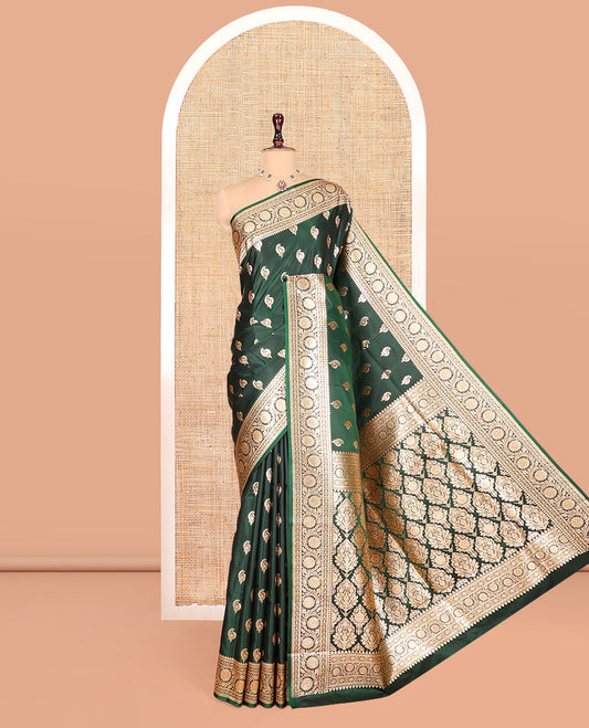 Green Banarasi Nylon Saree, Steeped with Buttas, Floral Creeper Zari Border, Intricate Pallu, and a Matching Blouse