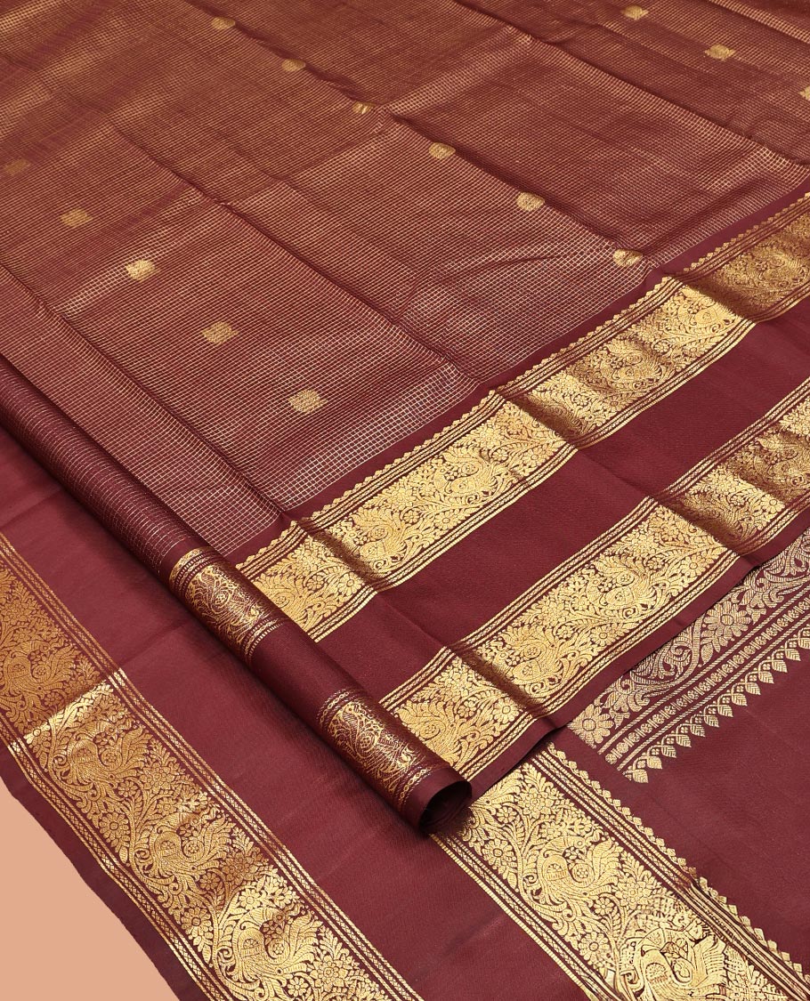 Maroon Kanchipuram Silk Saree, Majestically Detailed with Mayil-Chakra Buttas and Checks, Highlighted by Zari Border of Salngai, and Mayil Designs, Jaal Pallu, and Matching Blouse