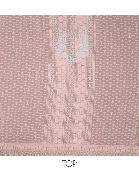 Peach Material Chudidar Set, Woven with Chikankari-Style Embroidery and Neck Stone Work on Georgette Top, a Plain Santoon Bottom, and Paired with a Floral Vine Embroidery Georgette Dupatta