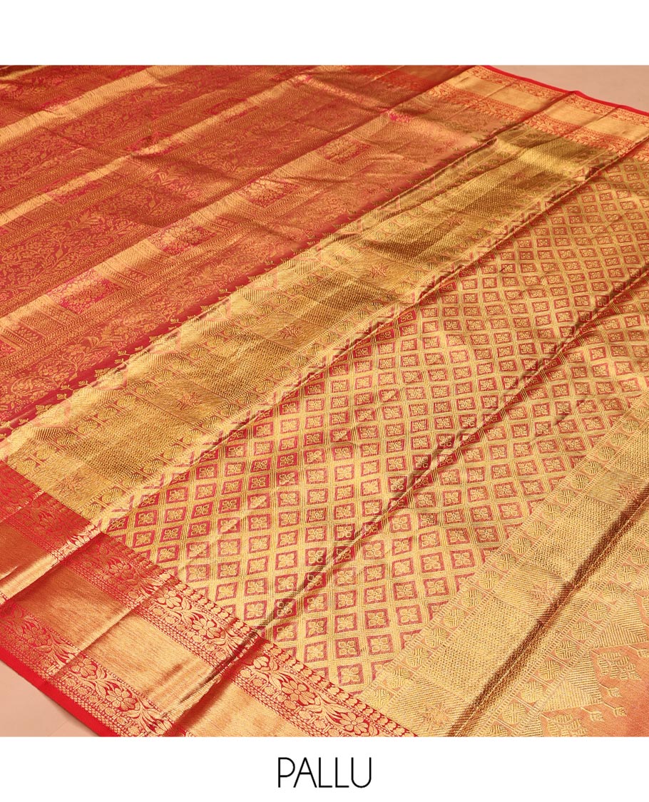 Pink Kanchipuram Tissue Silk Saree, Woven with Jacquard, a Zari Border of Manga, Kodi Visiry, and Rudraksham, Jaal Pallu, and Contrast Blouse