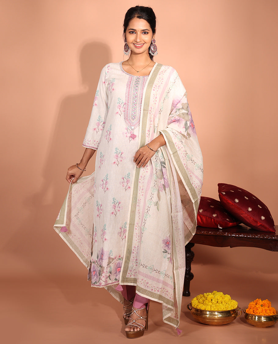 White-Base Cotton Readymade Suit