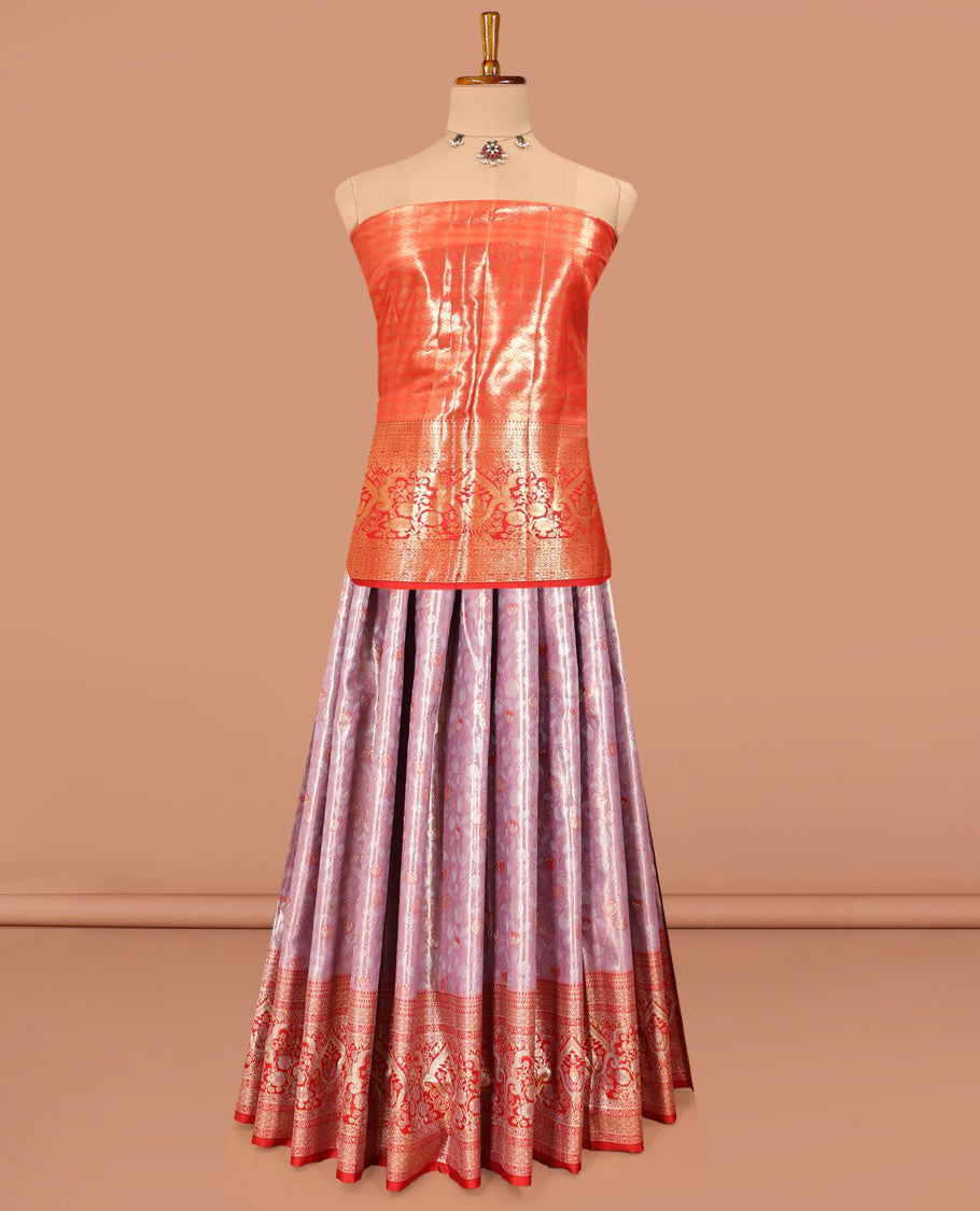 Pale Pink Art Silk Material Half Saree Set, Woven with Floral Jacquard Skirt, a Contrast Jacquard Border, Contrast Blouse, and an Intricate Dhavani