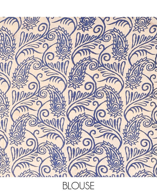 Cream-Blue Machine-Printed Kalamkari Cotton Saree, Subtly Printed with Buttas on Its Body, Diamond-Printed Border, Pallu of Peacock Print, and Paired with a Printed Blouse