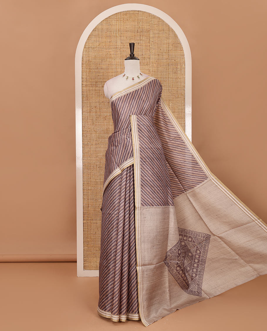 Grey lehariya-style striped semi-tussar saree, contrast resham thread triangle motifs border, diamond printed pallu & contrast printed blouse
