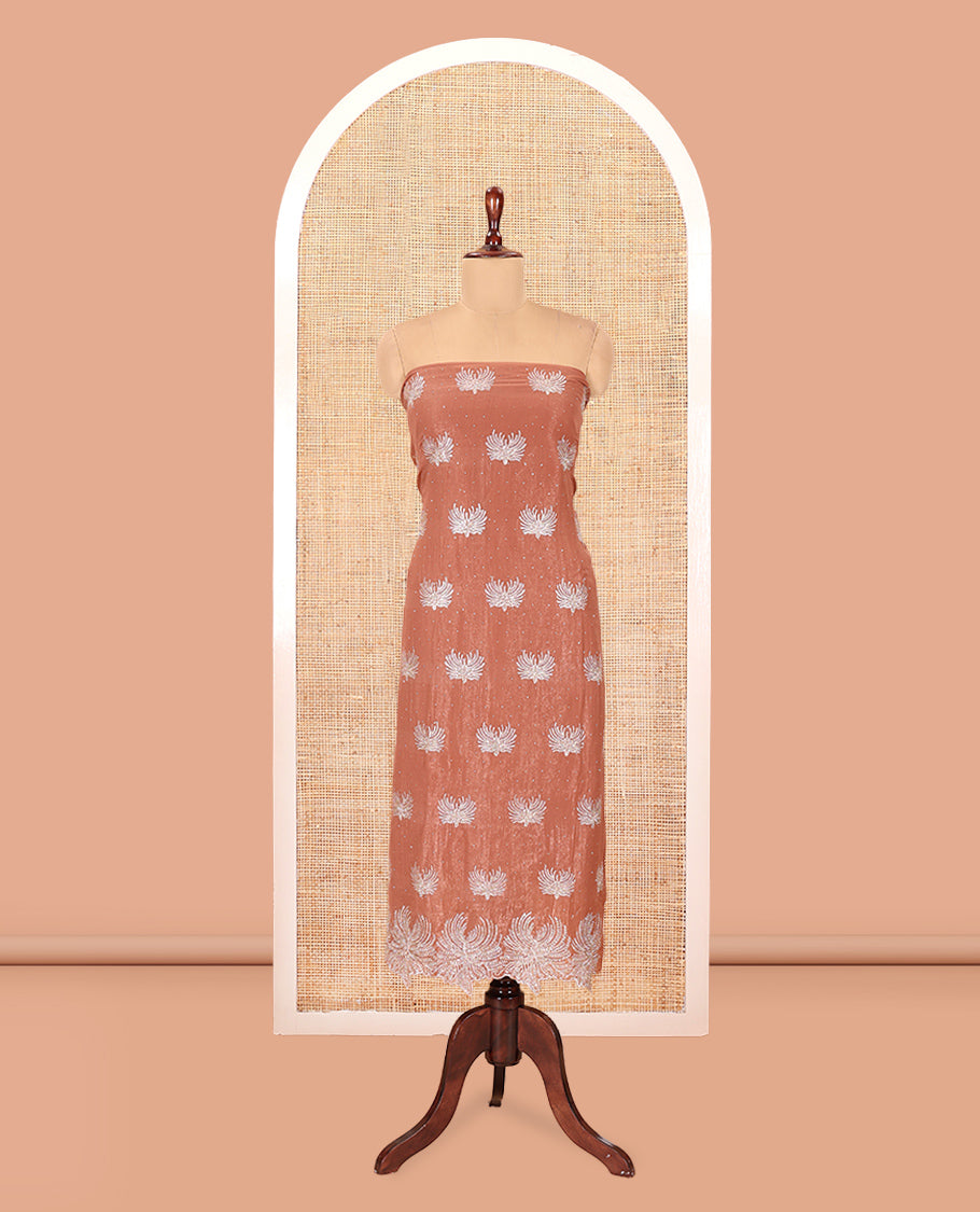 Light Brown Crunchy Chiffon Material Churidar Features Thread Embroidered-Stone Work Top, Plain Bottom, Embroidered Dupatta