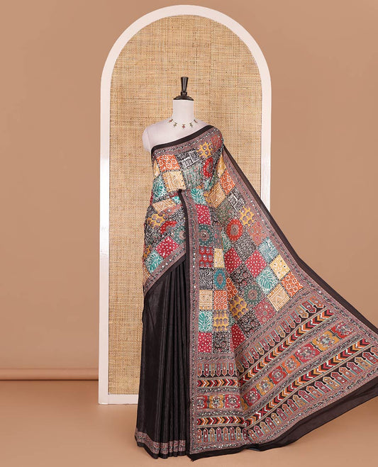 Black kaleidoscopic-colored floral, paisleys, and geometric printed with mirror work masakali saree, printed border, print and mirror work pallu, and matching blouse