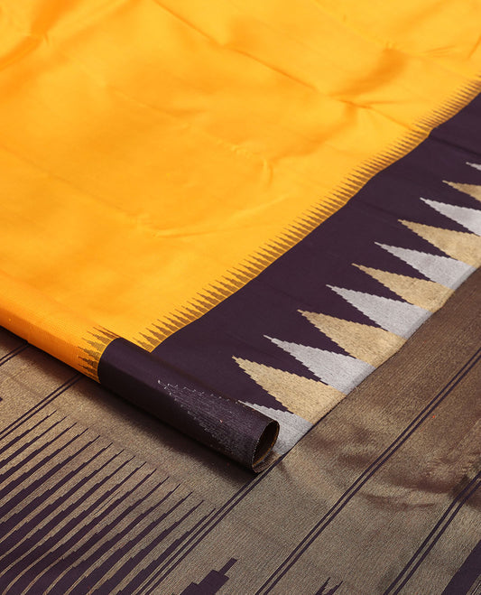 Yellow kancheepuram silk saree with contrast korvai temple border & bhavanji design pallu