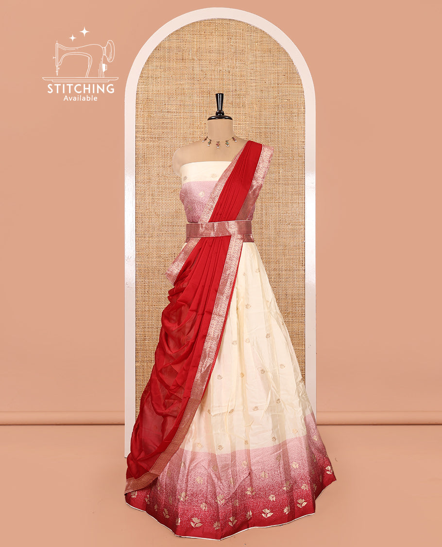 Cream-Red Semi-Silk Half-Saree Featuring Buttas Skirt, Contrast Floral Border, Matching Blouse, Contrast Syska Georgette Dhavani