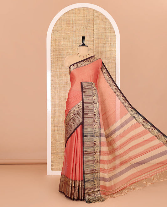 Pink plain mercerised cotton saree, contrast traditional motifs thread woven border, striped pallu, and a matching blouse