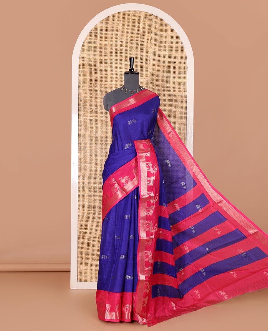 Blue deer copper zari buttas dola silk saree, contrast chevron and deer motifs zari border, deer motifs pallu, and contrast deer motifs blouse