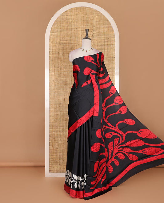 Borderless black leaf vine batik printed Gajji silk saree, batik printed pallu, and plain blouse