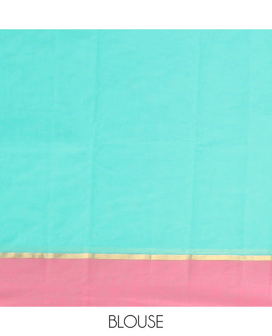 Sea green floral motifs kanchi cotton saree with contrast floral design border & geometric design pallu