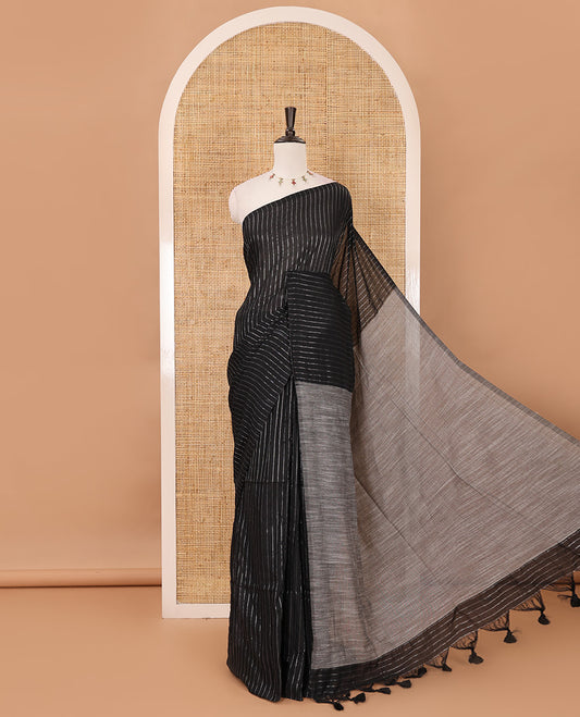 Borderless black vertical striped khadi cotton saree, contrast grey plain pallu & matching plain blouse