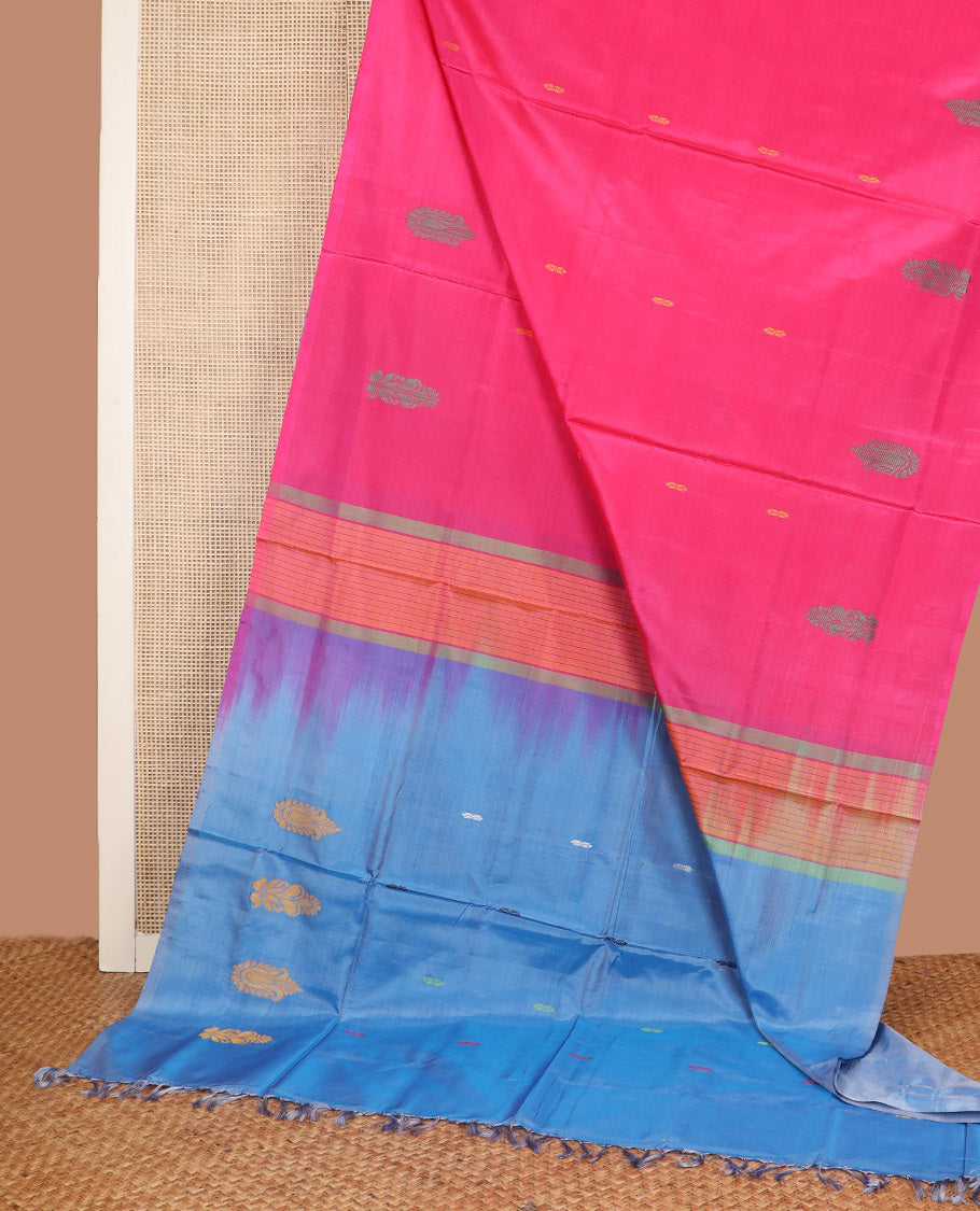 Borderless Pink Banana Pith Saree, Showcasing Buttas All Over Its Body, Complemented by a Contrast Pallu of Unique Buttas, and Paired with a Contrast Blouse