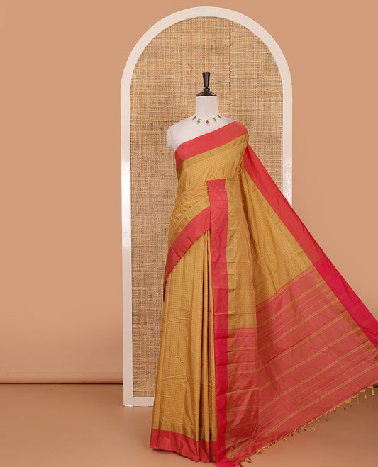 Chikku plus thread buttas semi-soft saree, contrast zari satin border, striped pallu & contrast plain blouse